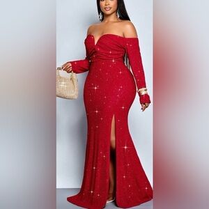 Red Sparkle Long Sleeve Bodycon Dress with Front Slit